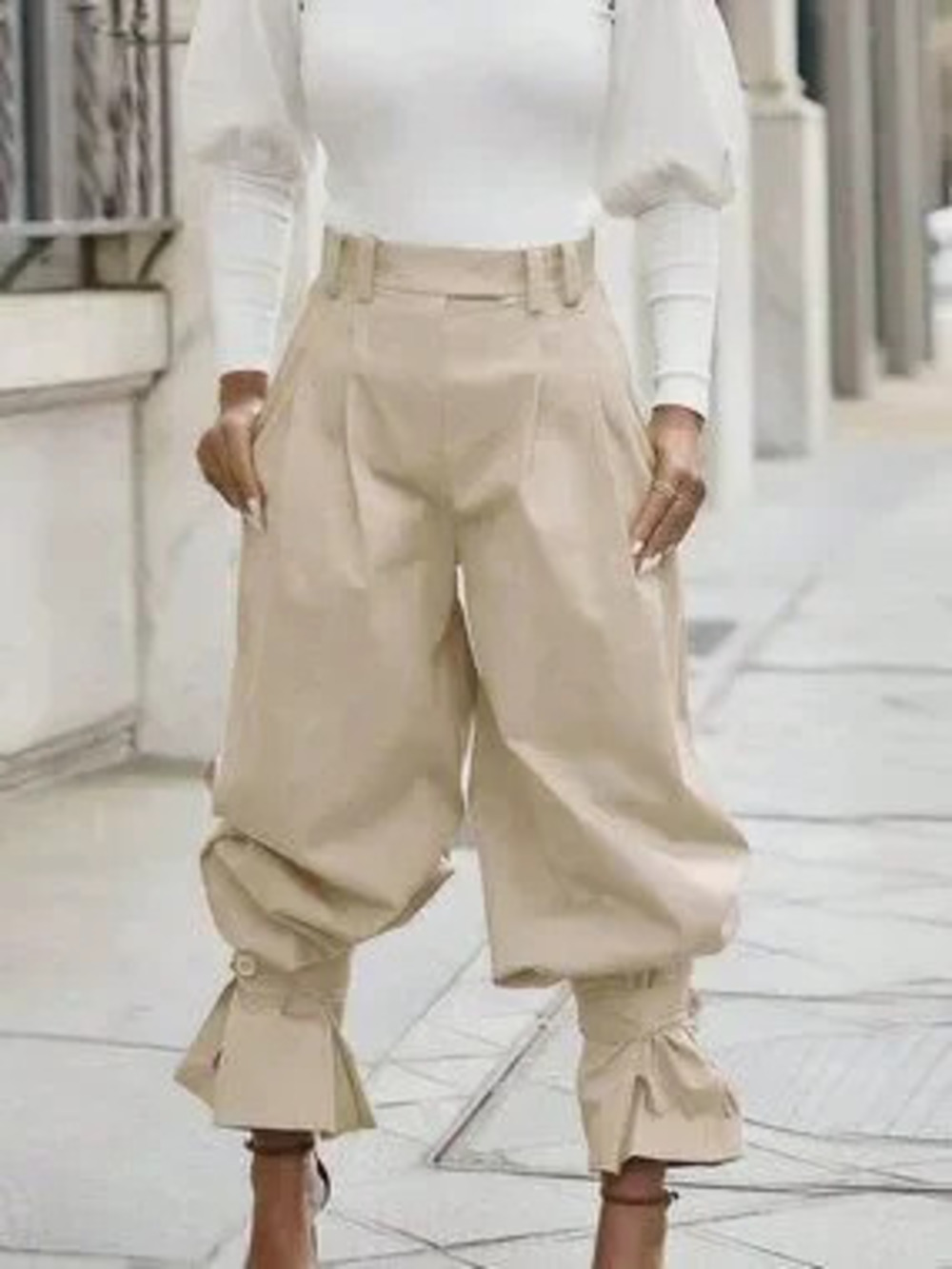 Apricot Casual Women's High-Waist Balloon Pants with Pleated Ruffle Hem